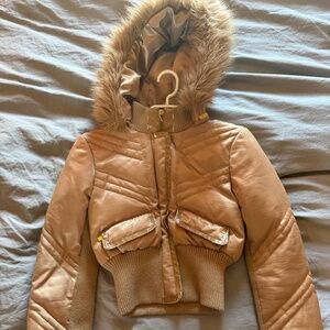 Bebe Y2K Cropped Puffer Jacket Fur Hood Tan Beige Size Small